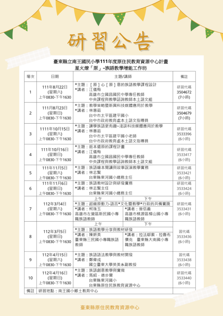 【星火燎”原”–族語教學增能工作坊 第三~十場次】